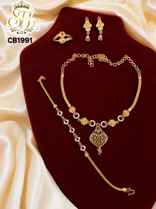 One Gram Gold Plated Combo Jewellery Set with Necklace, Bracelet, Earrings and Ring featuring Floral Design and Ruby White Stones.