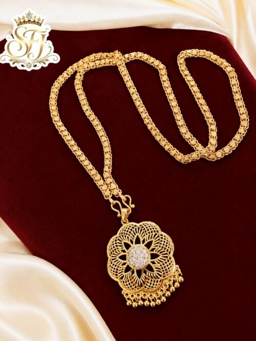 One Gram Gold Plated Floral Mugappu Pendant with Matching Chain