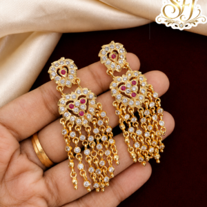 Gold Covering Ruby & White Stone Long Chain Tassel Earrings