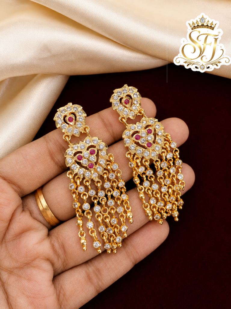 Gold Covering Ruby & White Stone Long Chain Tassel Earrings