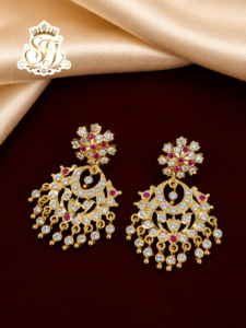 Traditional Peacock Design Ruby & White Stone Gold Covering Earrings
