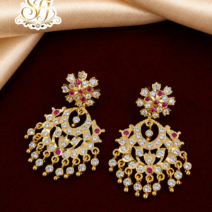 Traditional Peacock Design Ruby & White Stone Gold Covering Earrings