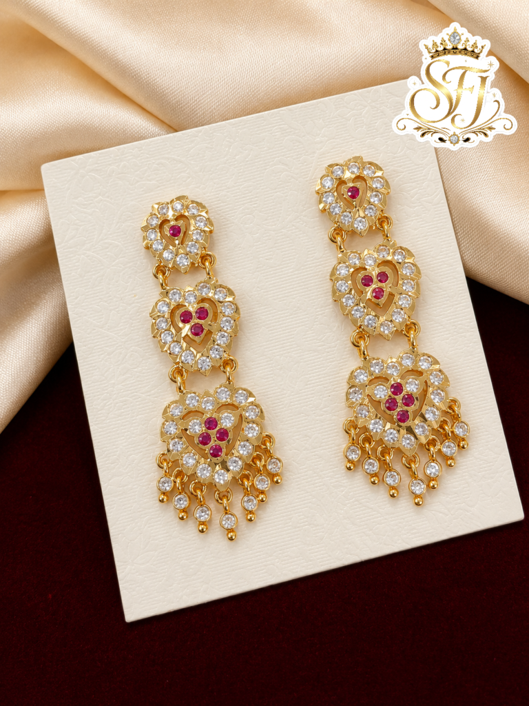 Ruby & White Stone Heart Design impone Long Earrings