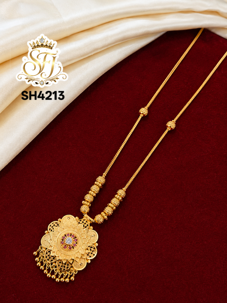 Traditional Gold Covering Long Chain with Floral Pendant