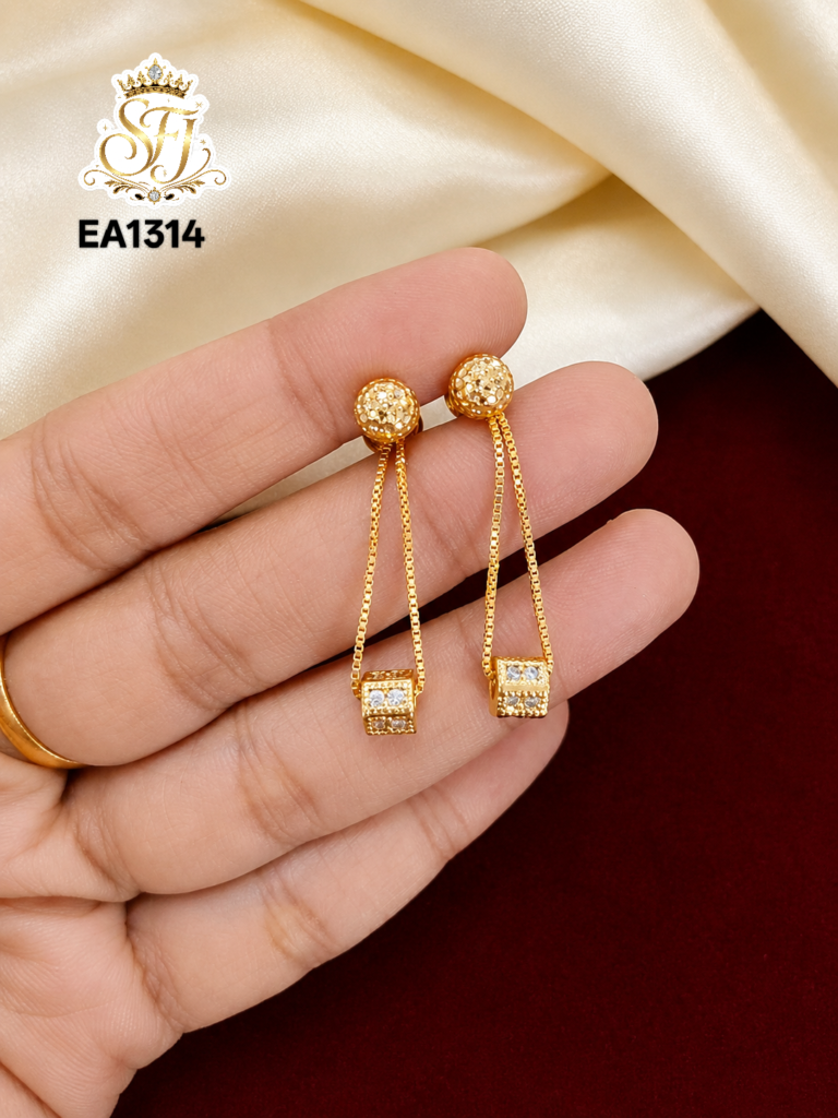 Gold Covering Long Drop Earrings with White Stones for Women