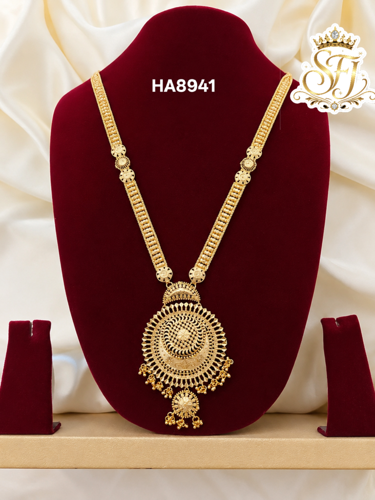 Traditional Gold Covering Long Haram with Designer Round Pendant