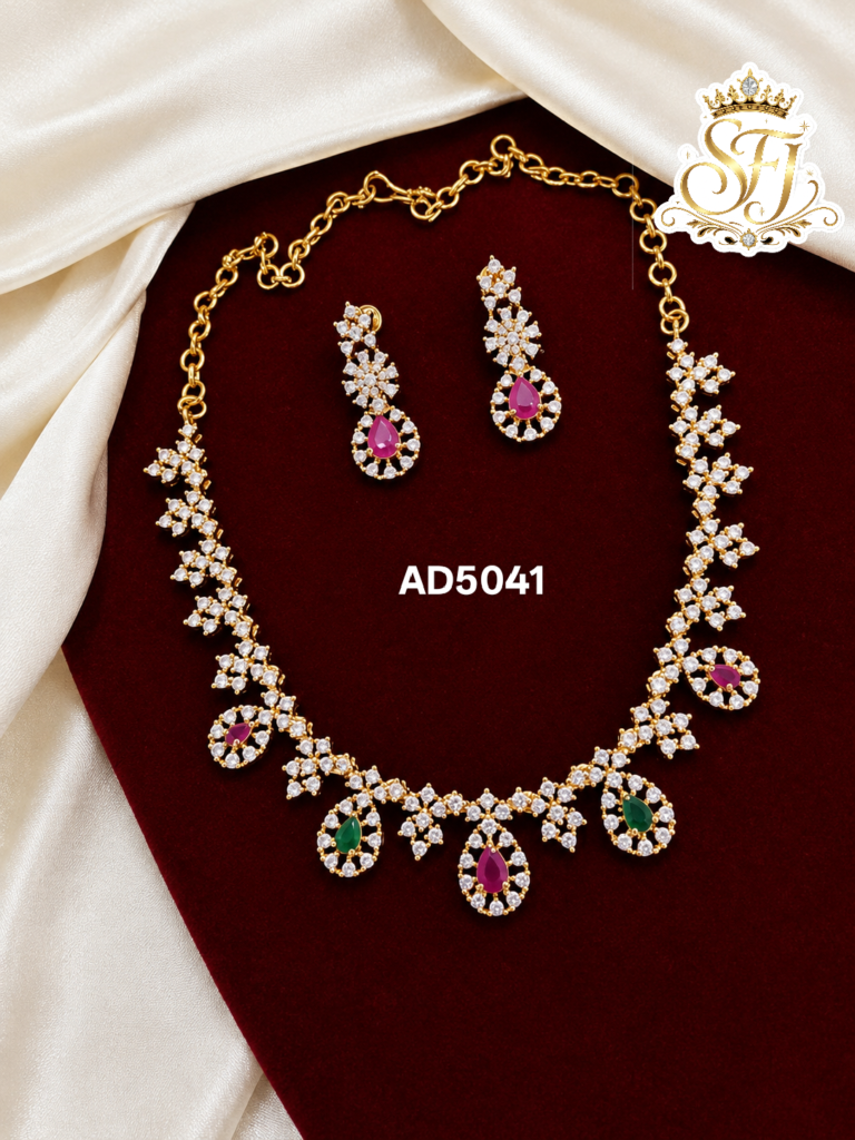 Ruby Green Floral AD Stone Necklace Set with Matching Earrings