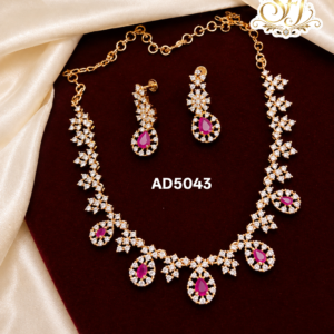 Ruby & White Stone American Diamond Necklace Set with Matching Earrings – Gold Finish
