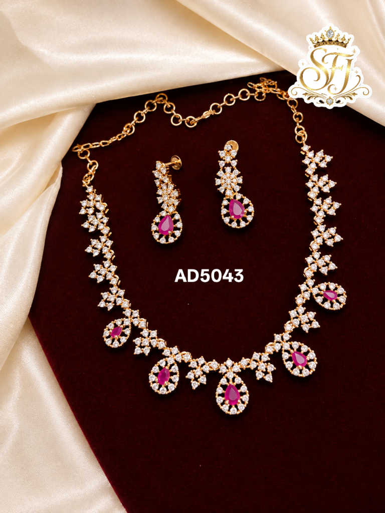 Ruby & White Stone American Diamond Necklace Set with Matching Earrings – Gold Finish