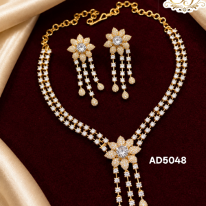 Premium White Stone Floral AD Necklace Set with Long Earrings