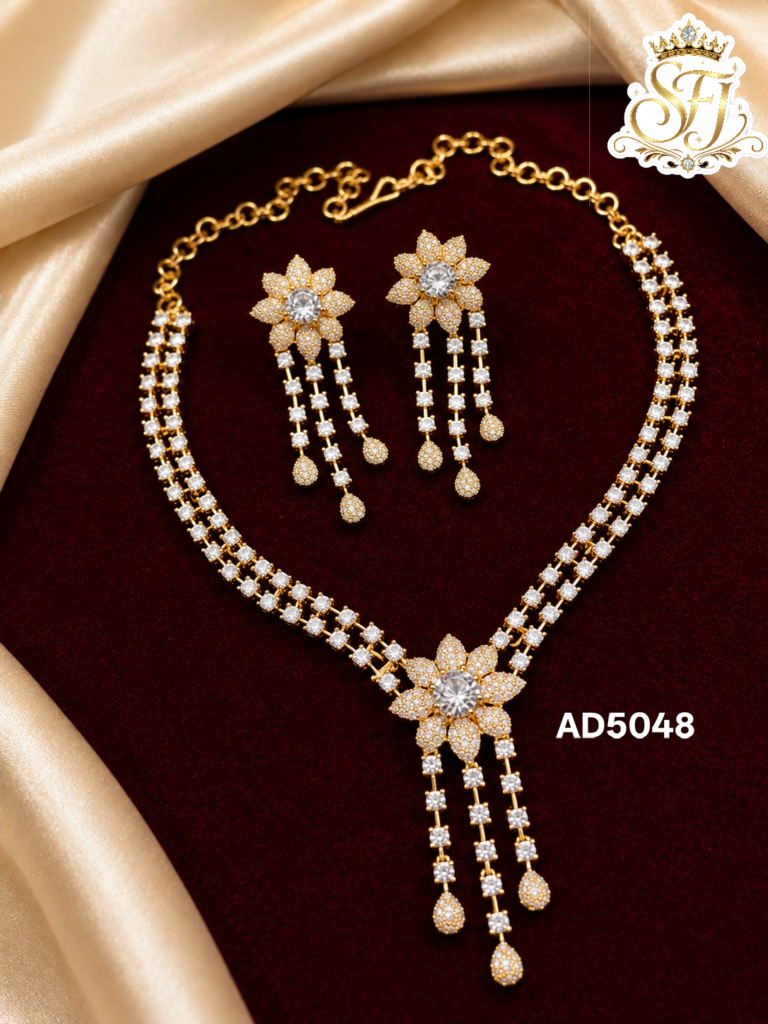 Premium White Stone Floral AD Necklace Set with Long Earrings