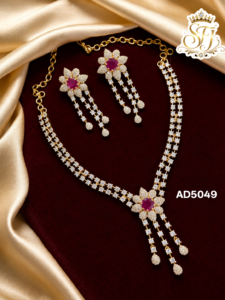 Ruby & White Stone Floral Gold Covering Necklace Set with Earrings
