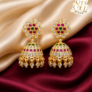 Traditional Ruby Green & White Stone Gold Covering Jhumka Earrings
