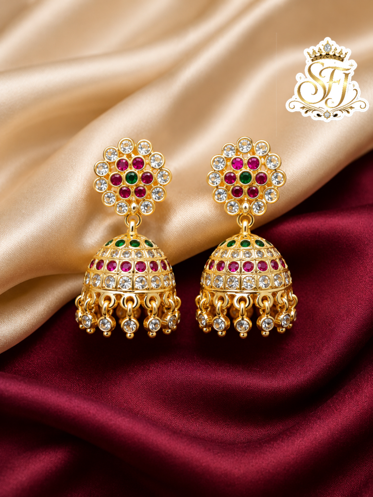 Traditional Ruby Green & White Stone Gold Covering Jhumka Earrings