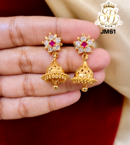Ruby & White Stone Floral Gold Jhumka Earrings
