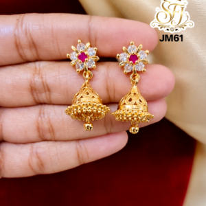 Ruby & White Stone Floral Gold Jhumka Earrings