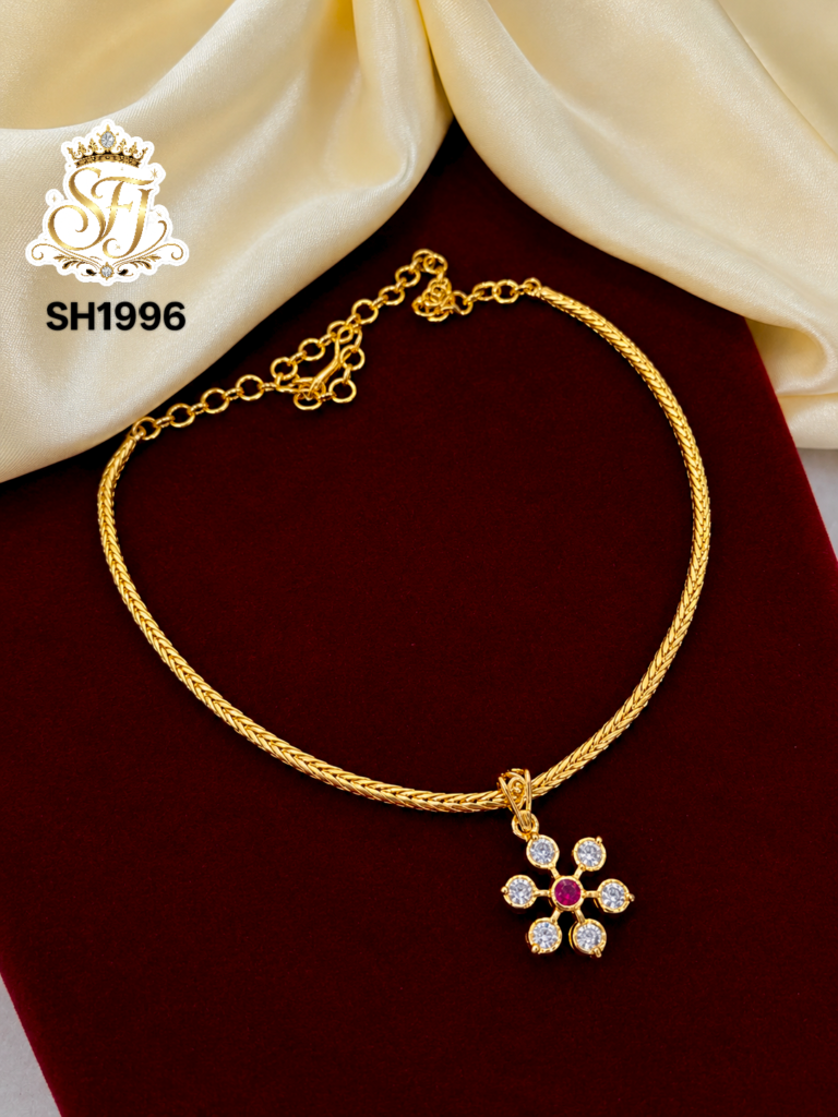 Ruby White Stone Floral Gold Covering Pendant Chain