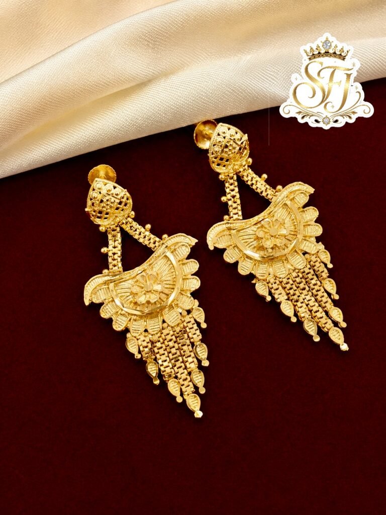 Traditional Gold Covering Floral Long Hanging Earrings