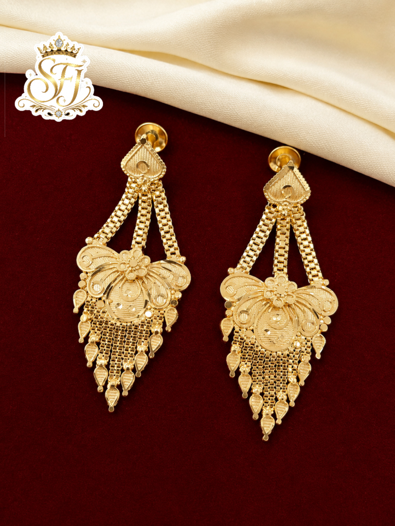 Traditional Gold Covering Floral Long Tassel Earrings