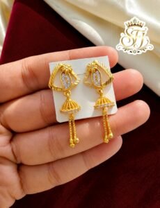 Traditional White Stone Gold Covering Designer Jhumka Chain Earrings