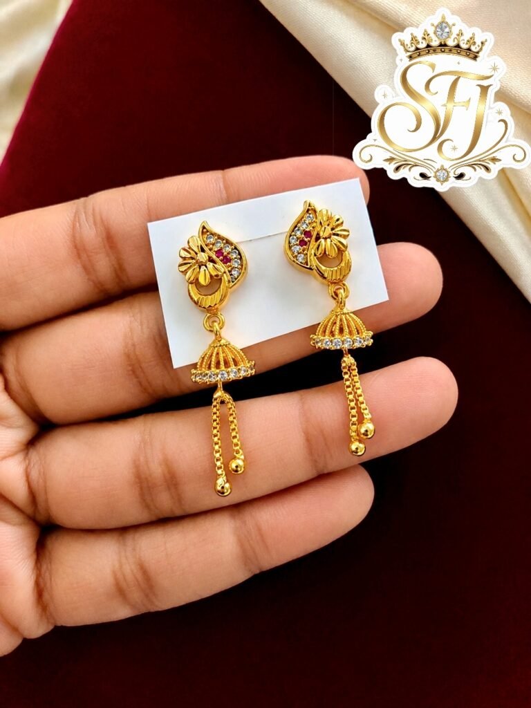 Traditional Ruby White Stone Gold Covering Geometric Jhumka Chain Earrings