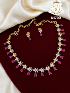Ruby & White Stone Floral Gold Covering Necklace Set with Earrings