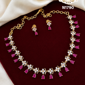 Ruby & White Stone Floral Gold Covering Necklace Set with Earrings