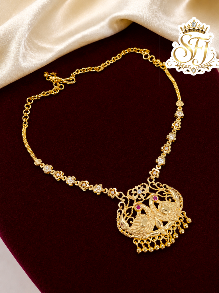 Traditional Peacock Floral Gold Covering Necklace with Ruby & White Stones