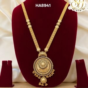 Traditional Gold Covering Long Haram with Designer Round Pendant