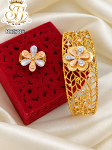 Floral Openwork Gold Covering Bangle with Matching Ring – BR1786