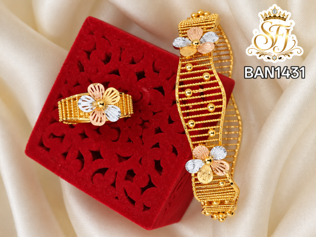 Two Tone Flower Gold Covering Bangle with Ring – BAN1431