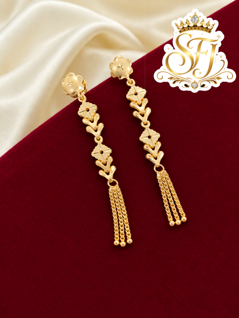 Floral Branch Long Tassel Gold Covering Earrings