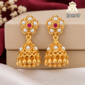 Pearl Flower Jhumka Earrings with Ruby Stone