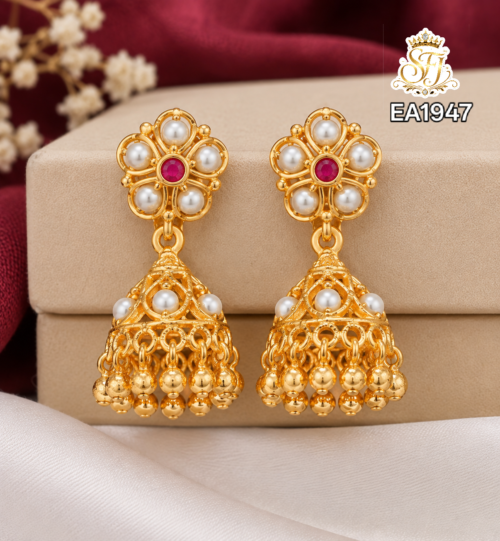 Pearl Flower Jhumka Earrings with Ruby Stone 1