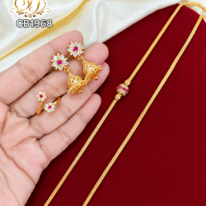 Gold Covering Chain with Ruby White Stone Jhumka Earrings for Women
