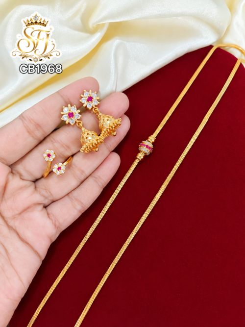 Gold Covering Chain with Ruby White Stone Jhumka Earrings for Women 1