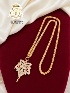 Gold Look Leaf Design White Stone Pendant Chain – CH1764