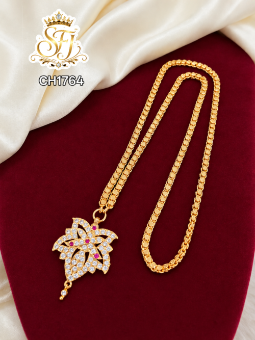 Gold Look Leaf Design White Stone Pendant Chain – CH1764 1