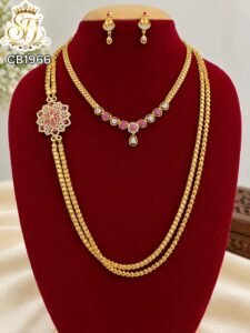 CB1966 gold finish double layer combo haram necklace set with ruby and white stones