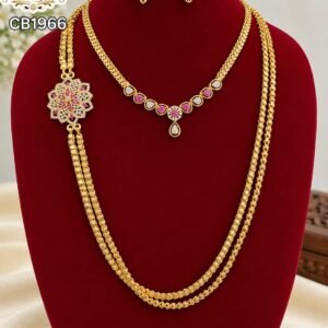 CB1966 gold finish double layer combo haram necklace set with ruby and white stones