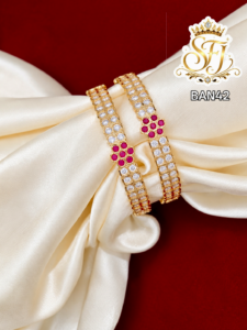 Ruby Floral White Stone Gold Covering Bangles – Pair