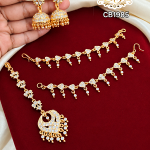 White Stone Jhumka with Maatal & Tikka Combo Set – Gold Look