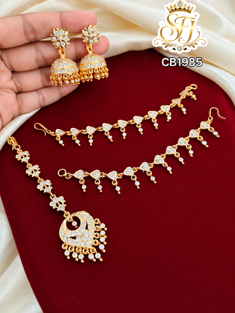 White Stone Jhumka with Maatal & Tikka Combo Set – Gold Look