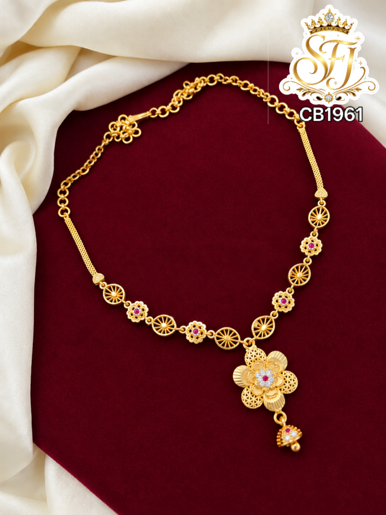 Traditional Floral Gold Covering Necklace with Ruby & White Stones