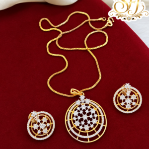 Gold Covering Round AD Pendant Necklace Set with Earrings