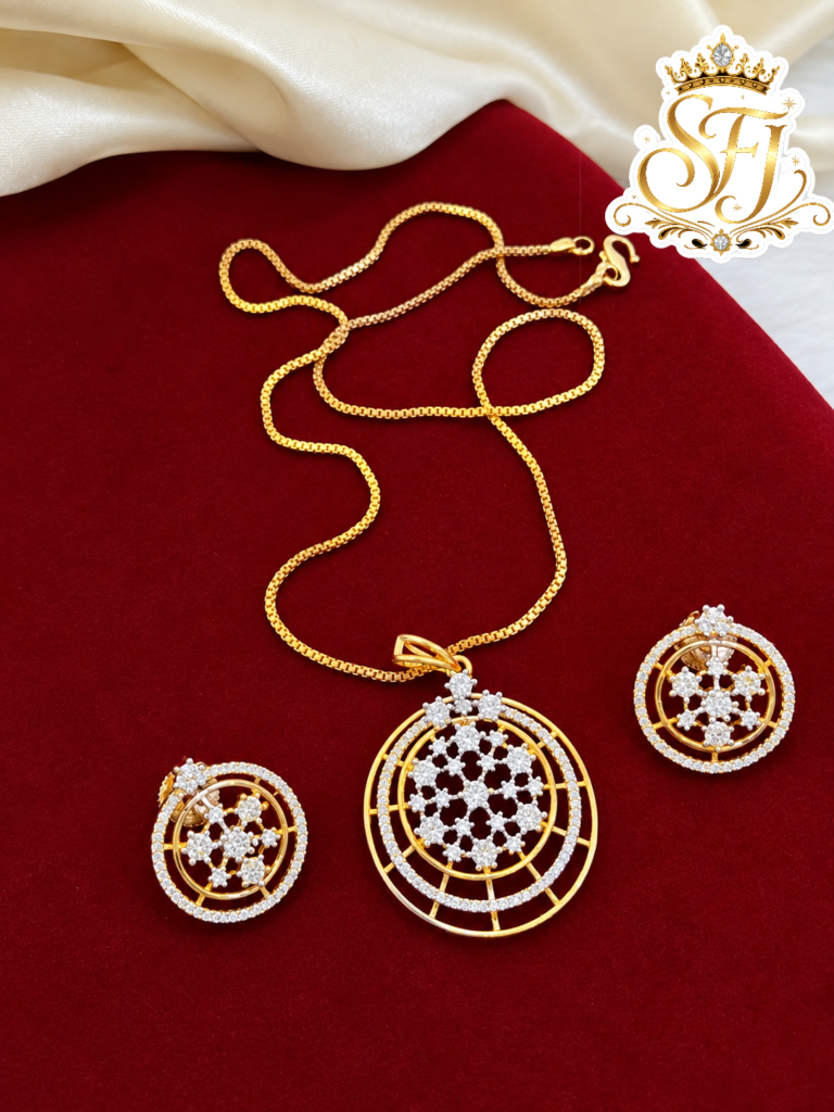 Gold Covering Round AD Pendant Necklace Set with Earrings