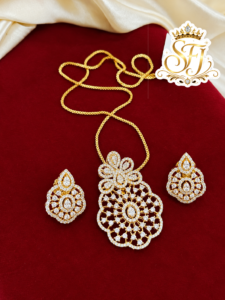 Gold Covering Floral AD Stone Pendant Necklace with Earrings