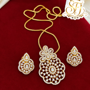 Gold Covering Floral AD Stone Pendant Necklace with Earrings