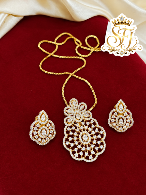 Gold Covering Floral AD Stone Pendant Necklace with Earrings 1