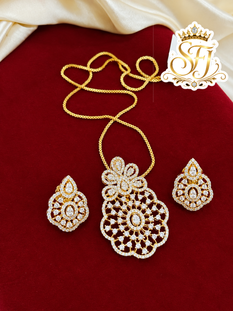 Gold Covering Floral AD Stone Pendant Necklace with Earrings